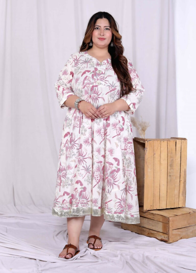 Miravan Women's Plus Size Pink Cotton Gota and Lace Border Birds and Leaf Floral Printed Anarkali Kurta 