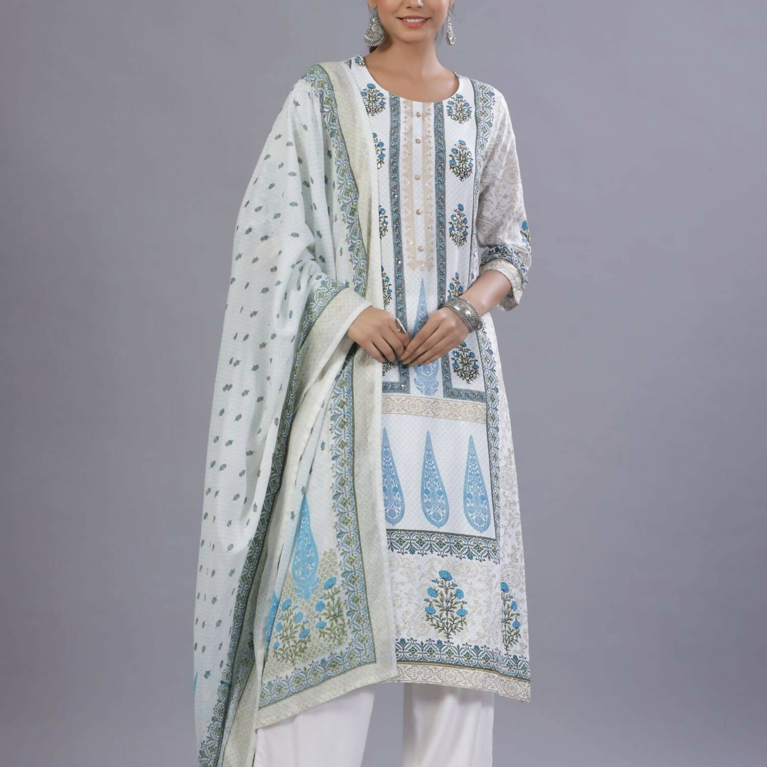 Juniper Women Blue Rayon Printed Kurta, Pants and Dupatta Set