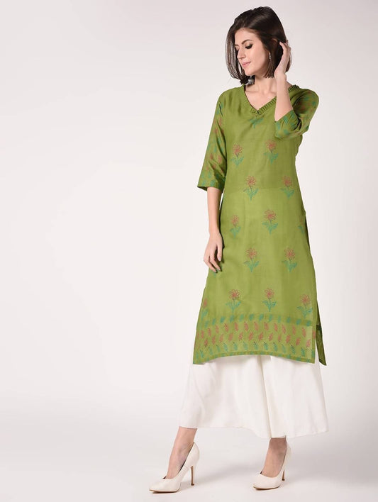 Cheera Hand Block Print Olive green Latest Straight Kurta