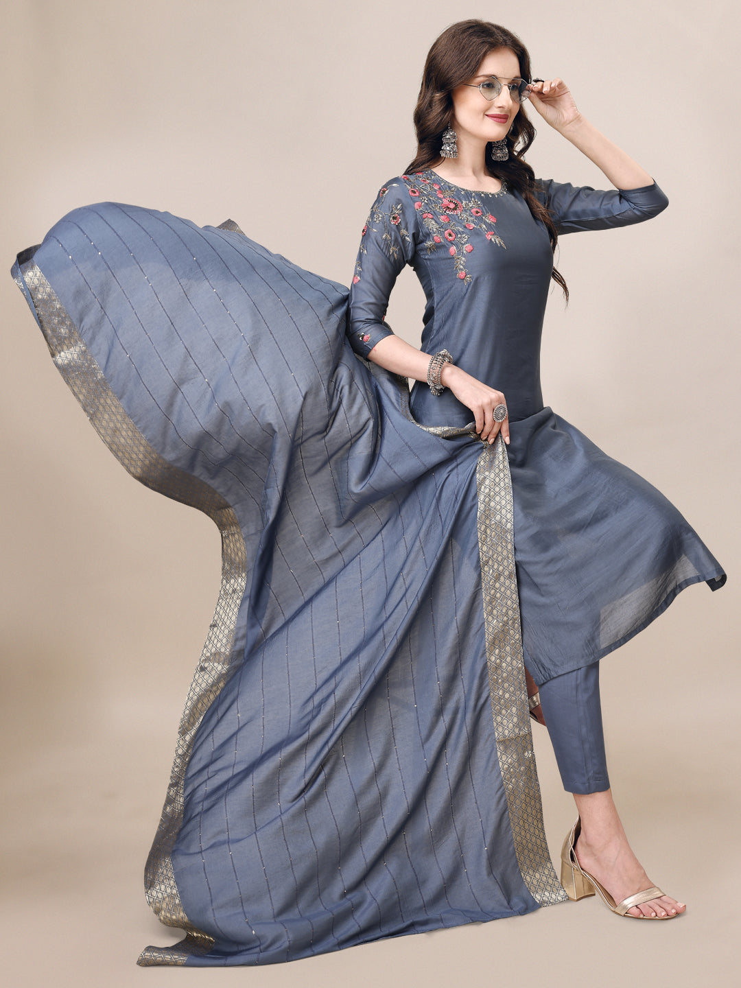 Embroidered Kurta With Pant & Dupatta Set, Multicolor - Hiral Fashion