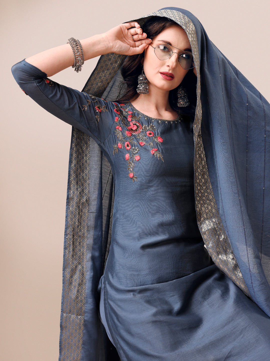 Embroidered Kurta With Pant & Dupatta Set, Multicolor - Hiral Fashion