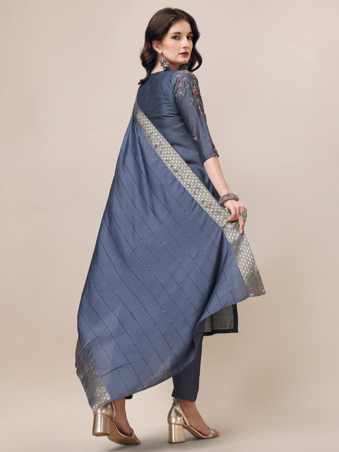 Embroidered Kurta With Pant & Dupatta Set, Multicolor - Hiral Fashion