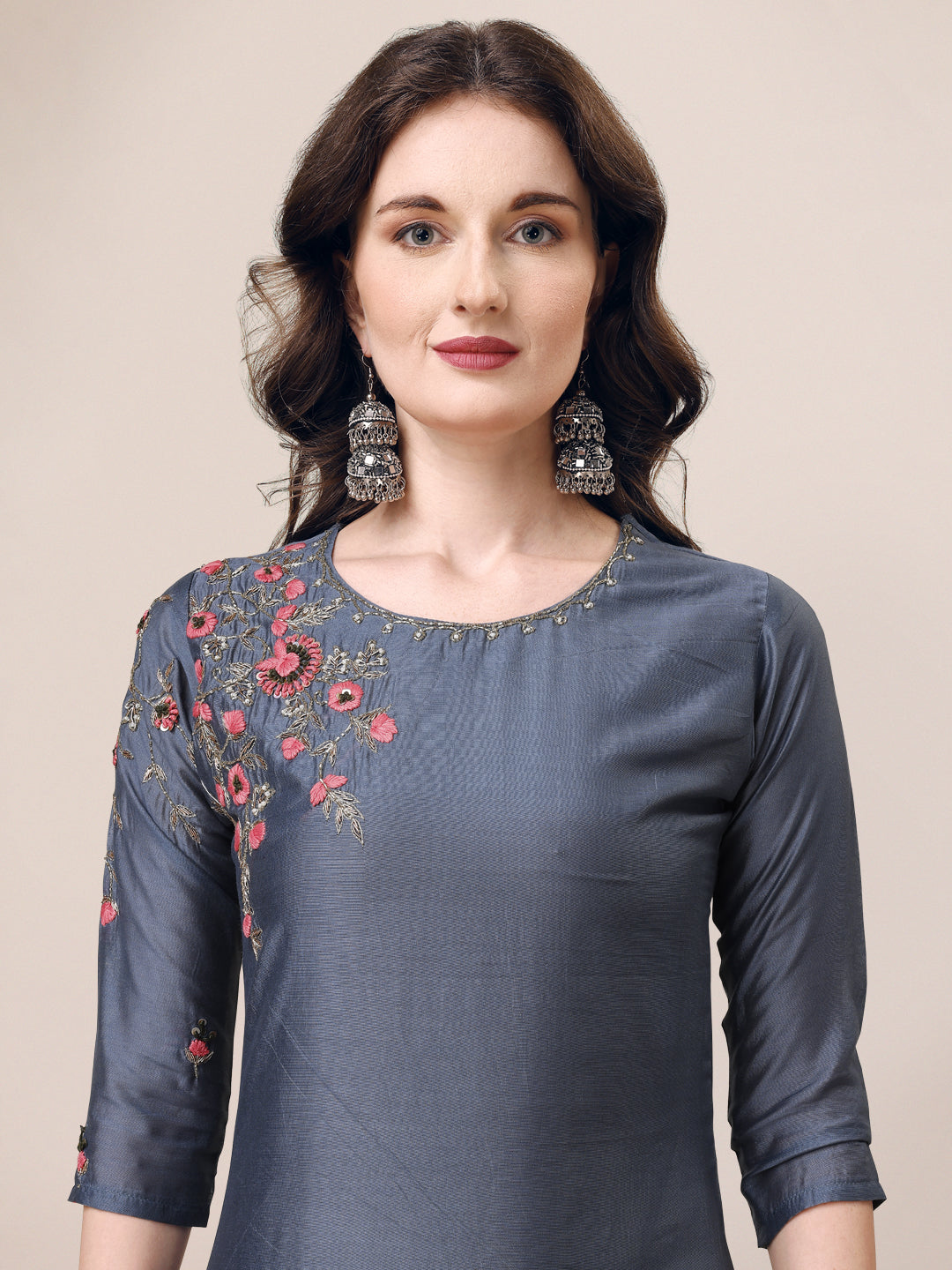 Embroidered Kurta With Pant & Dupatta Set, Multicolor - Hiral Fashion
