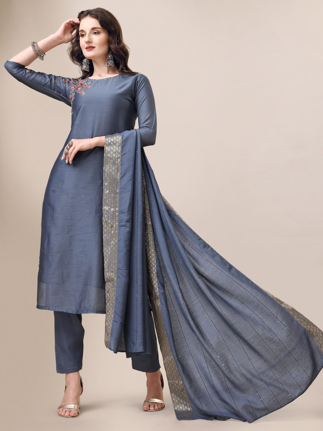 Embroidered Kurta With Pant & Dupatta Set, Multicolor - Hiral Fashion