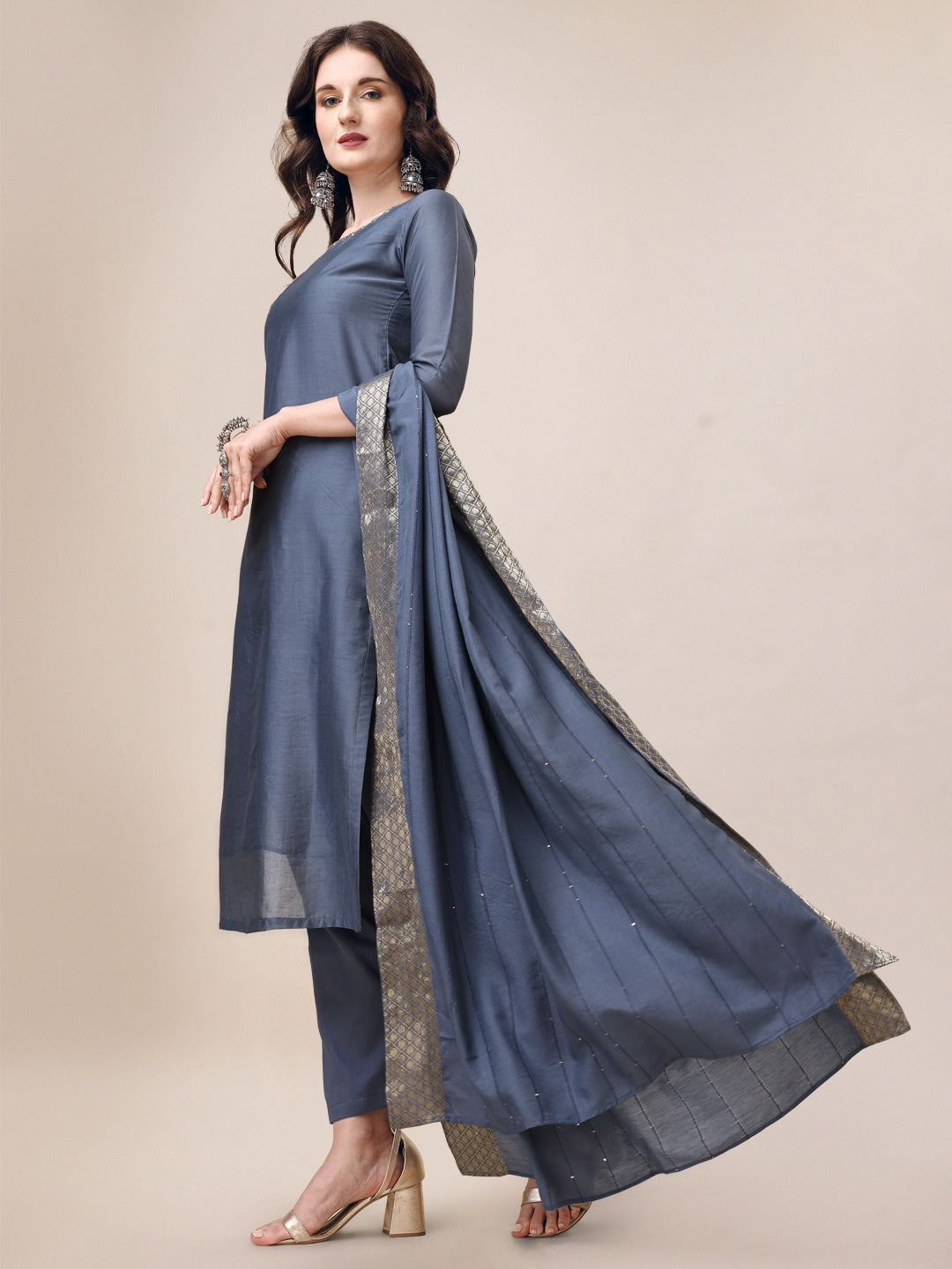 Embroidered Kurta With Pant & Dupatta Set, Multicolor - Hiral Fashion