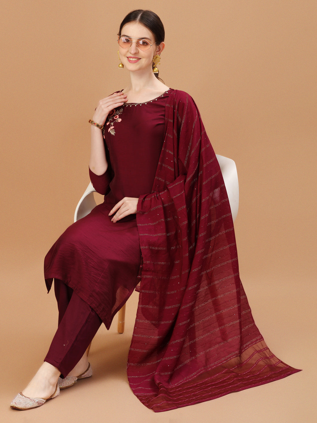 Placement Hand Embroidered Chanderi Kurta With Pant & Dupatta, Multicolor - Hiral Fashion