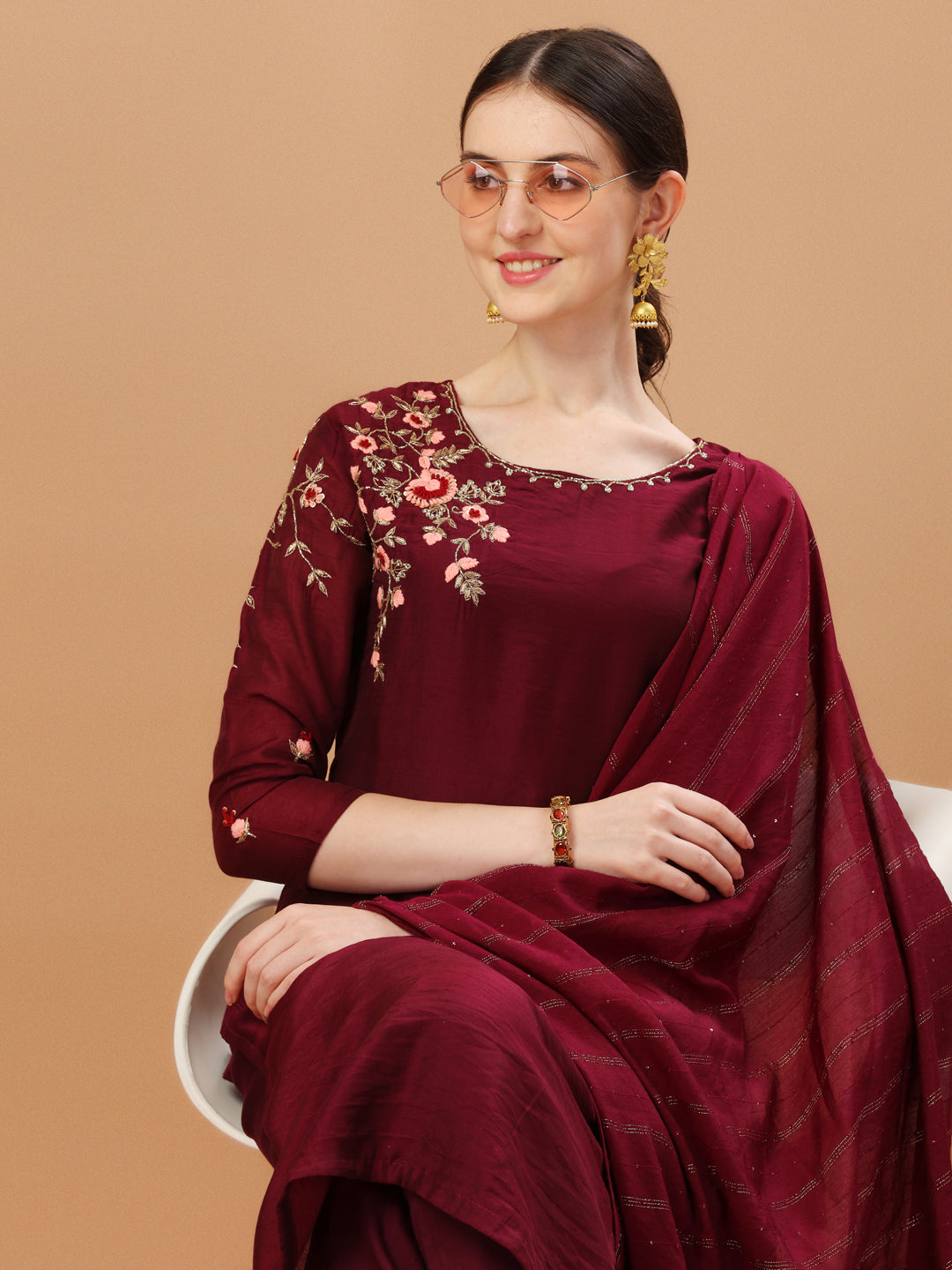 Placement Hand Embroidered Chanderi Kurta With Pant & Dupatta, Multicolor - Hiral Fashion