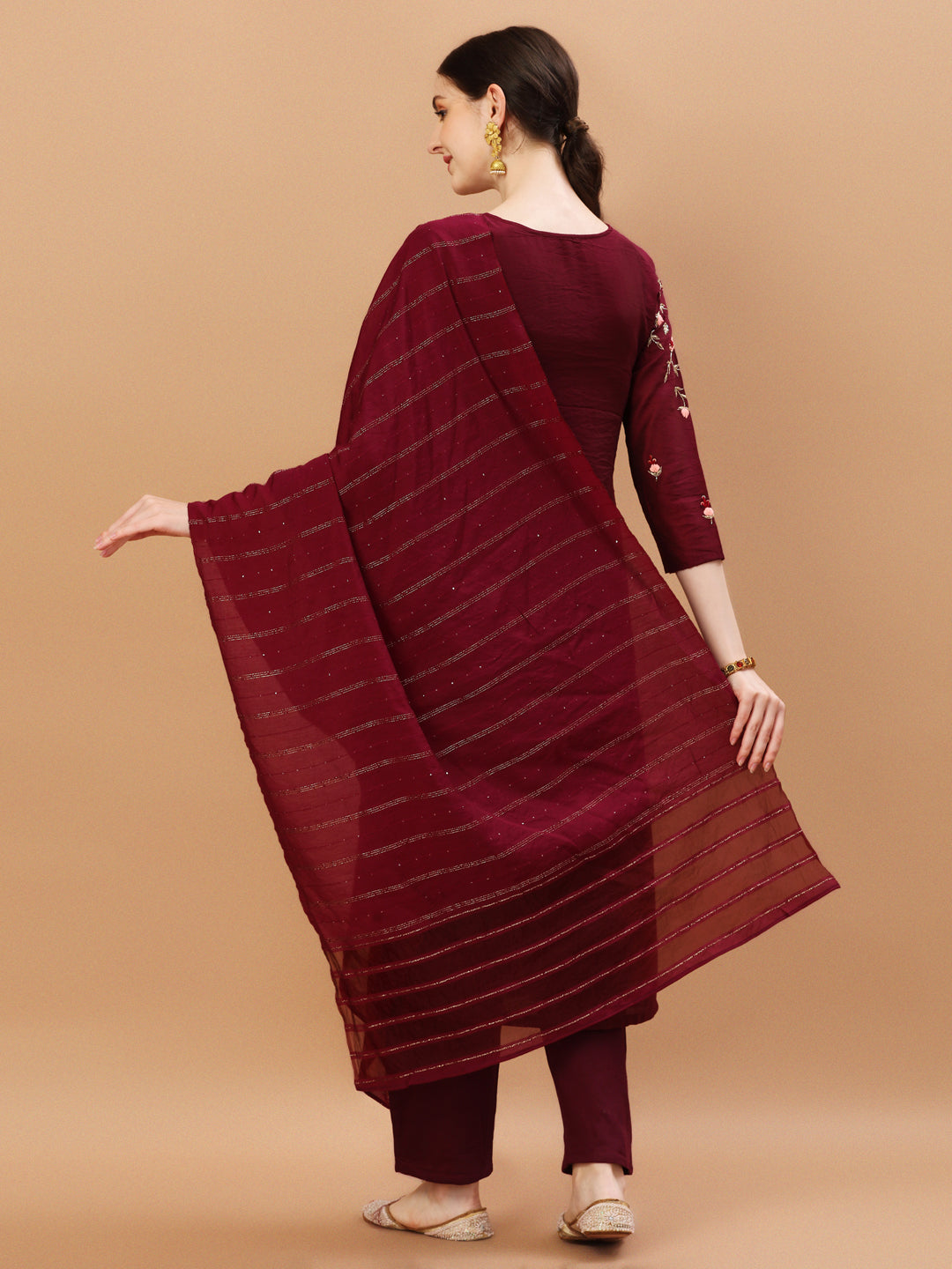 Placement Hand Embroidered Chanderi Kurta With Pant & Dupatta, Multicolor - Hiral Fashion
