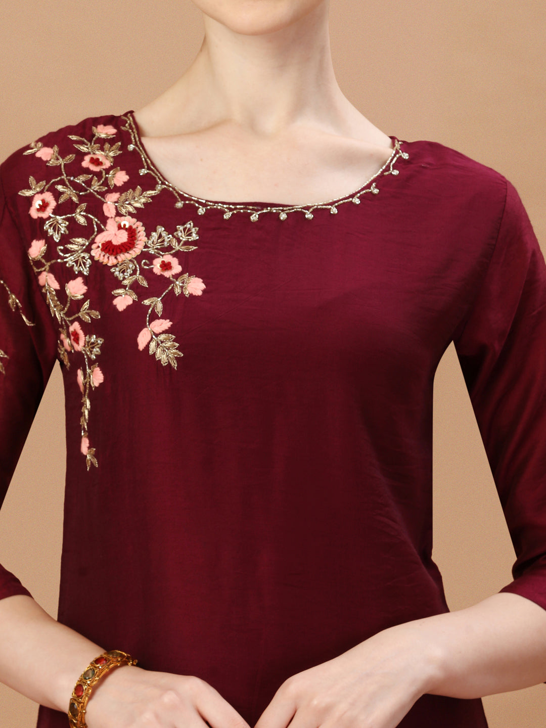 Placement Hand Embroidered Chanderi Kurta With Pant & Dupatta, Multicolor - Hiral Fashion
