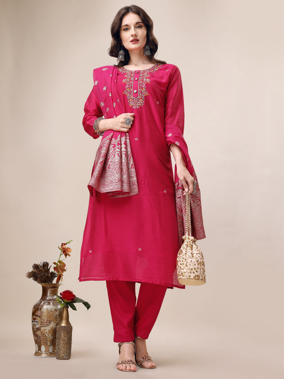 Embroidered Kurta With Pant & Dupatta Set, Multicolor - Hiral Fashion