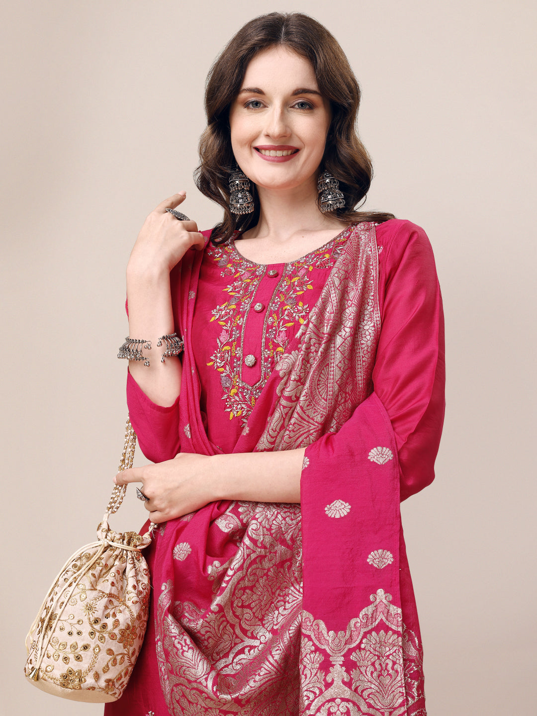 Embroidered Kurta With Pant & Dupatta Set, Multicolor - Hiral Fashion