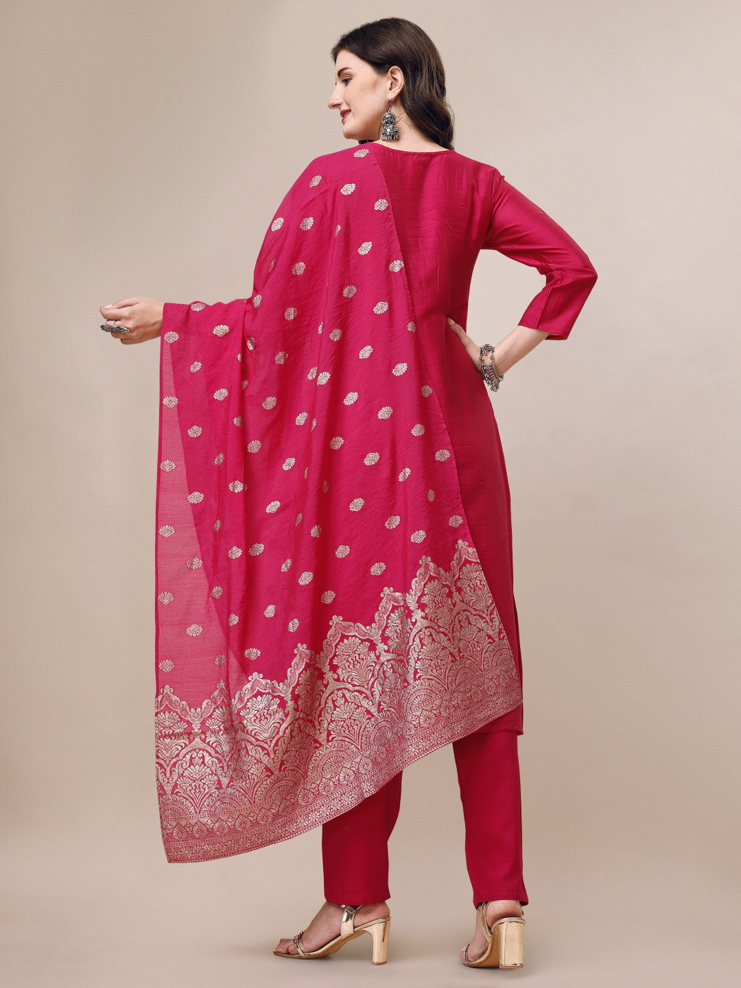 Embroidered Kurta With Pant & Dupatta Set, Multicolor - Hiral Fashion