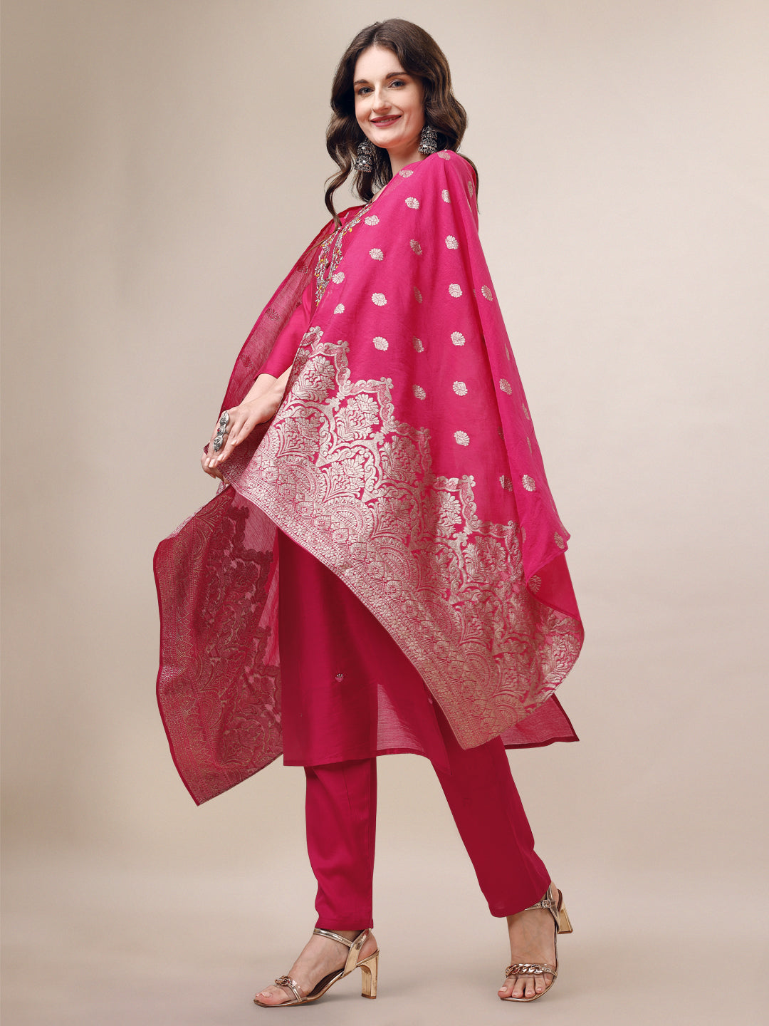 Embroidered Kurta With Pant & Dupatta Set, Multicolor - Hiral Fashion