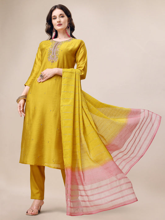 Hand Embroidered Kurta With Pant & Dupatta Set, Multicolor - Hiral Fashion