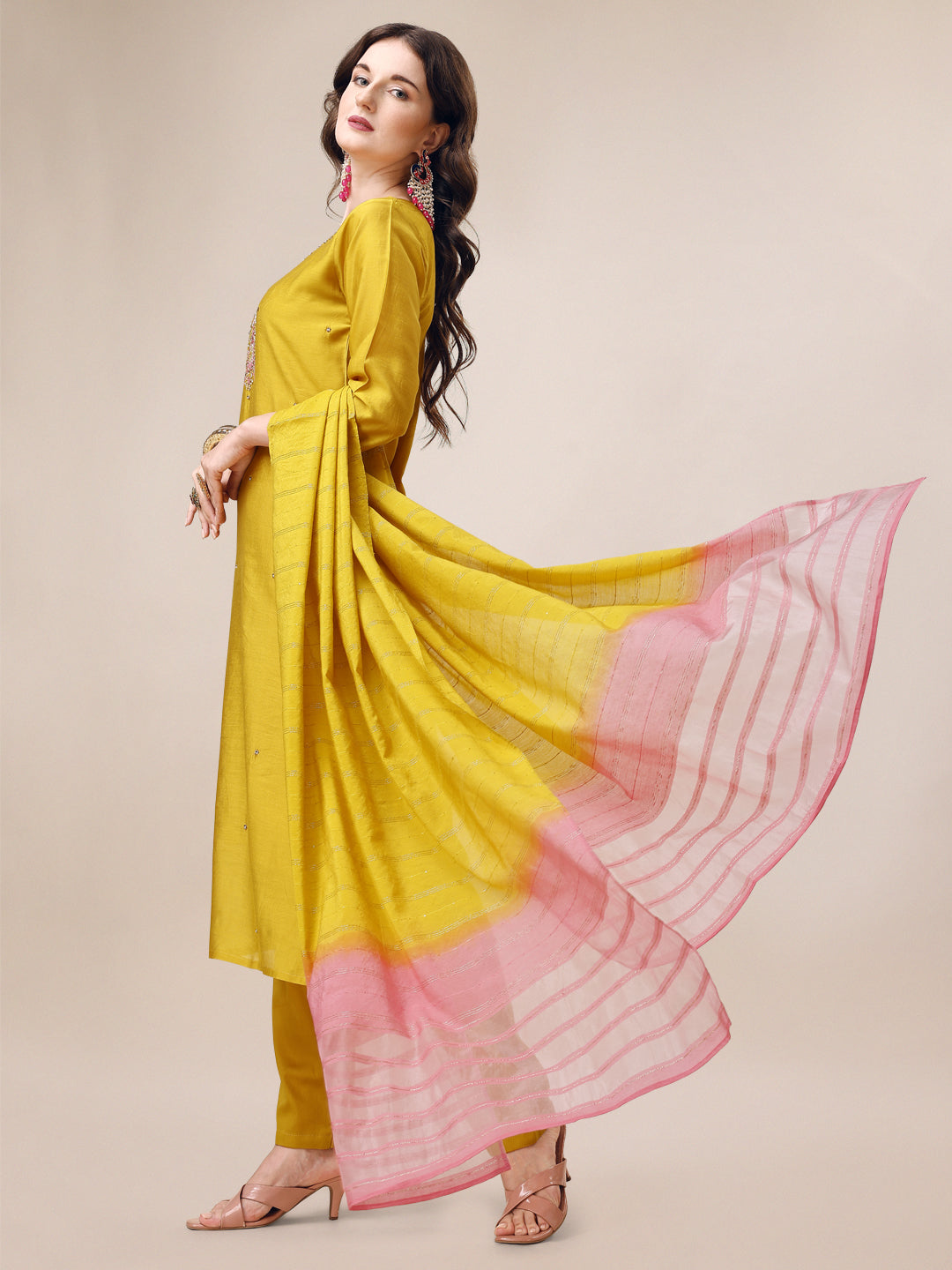 Hand Embroidered Kurta With Pant & Dupatta Set, Multicolor - Hiral Fashion