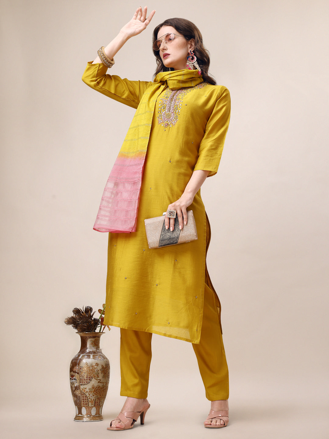 Hand Embroidered Kurta With Pant & Dupatta Set, Multicolor - Hiral Fashion