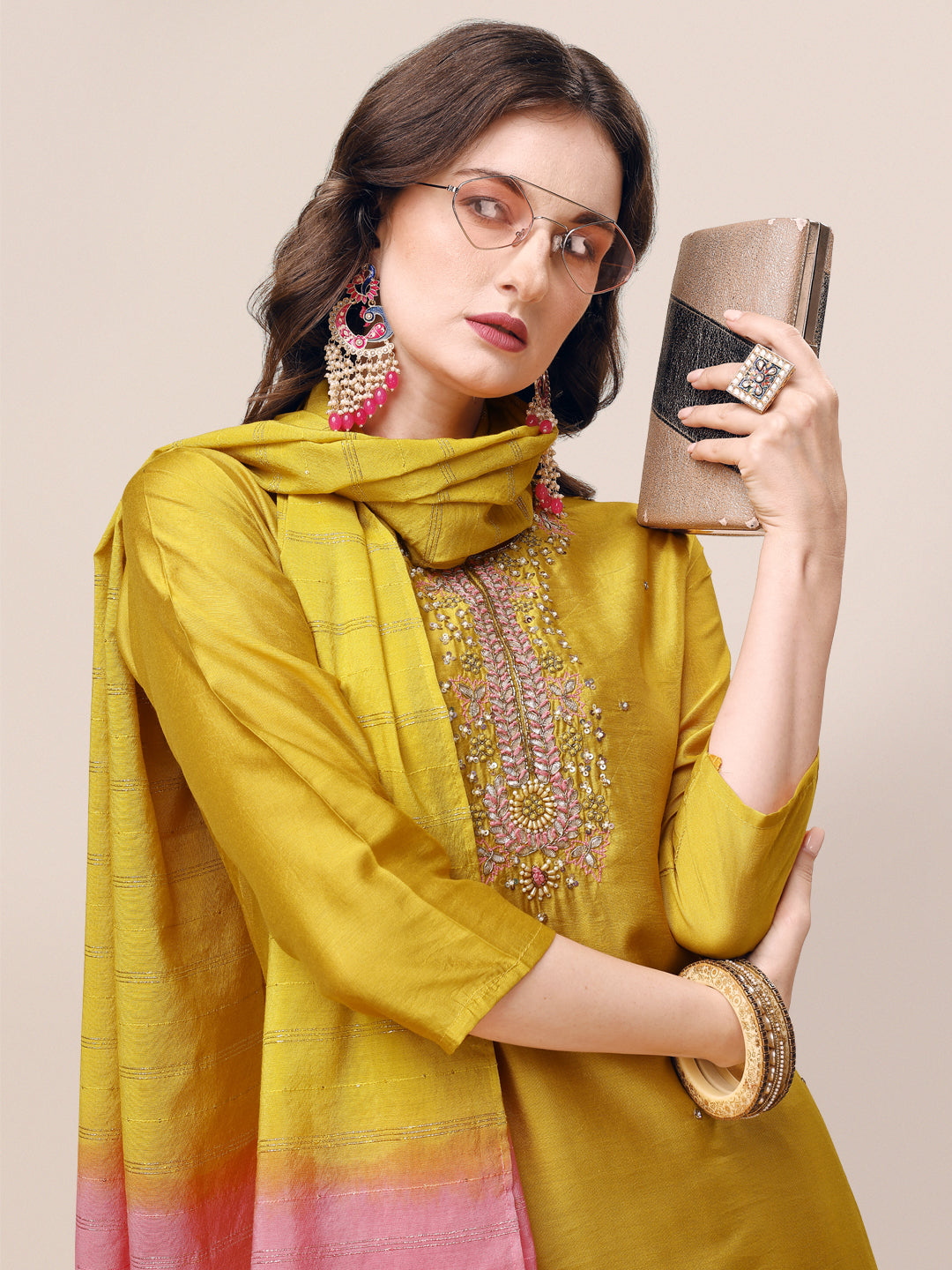 Hand Embroidered Kurta With Pant & Dupatta Set, Multicolor - Hiral Fashion