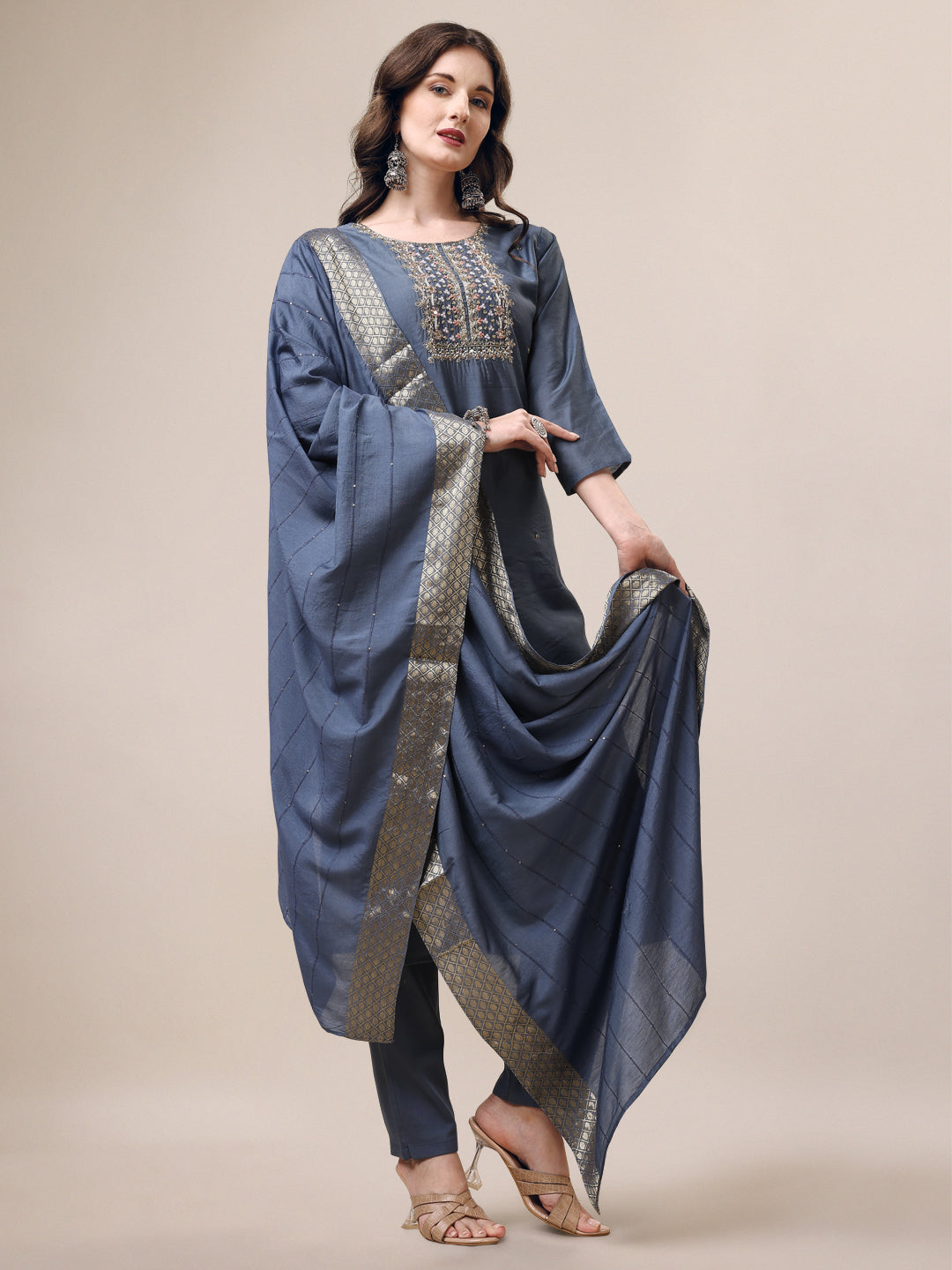 Hand Embroidered Kurta With Pant & Dupatta Set, Multicolor - Hiral Fashion