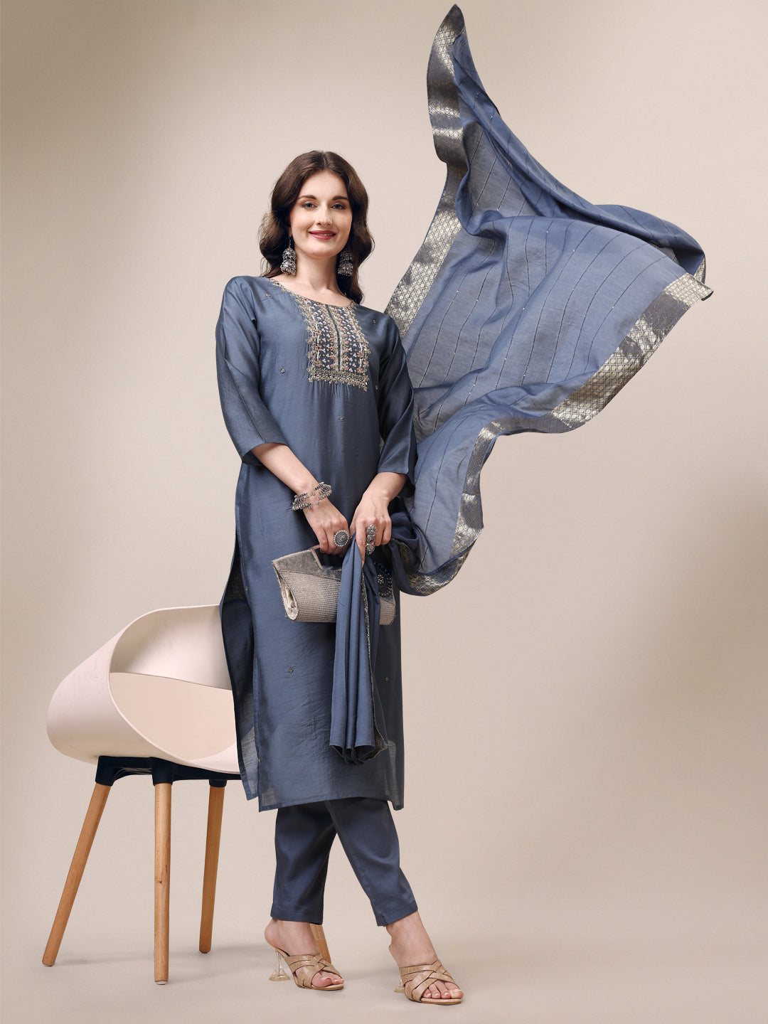 Hand Embroidered Kurta With Pant & Dupatta Set, Multicolor - Hiral Fashion