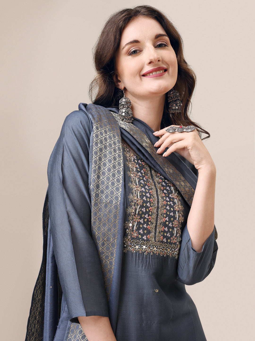 Hand Embroidered Kurta With Pant & Dupatta Set, Multicolor - Hiral Fashion