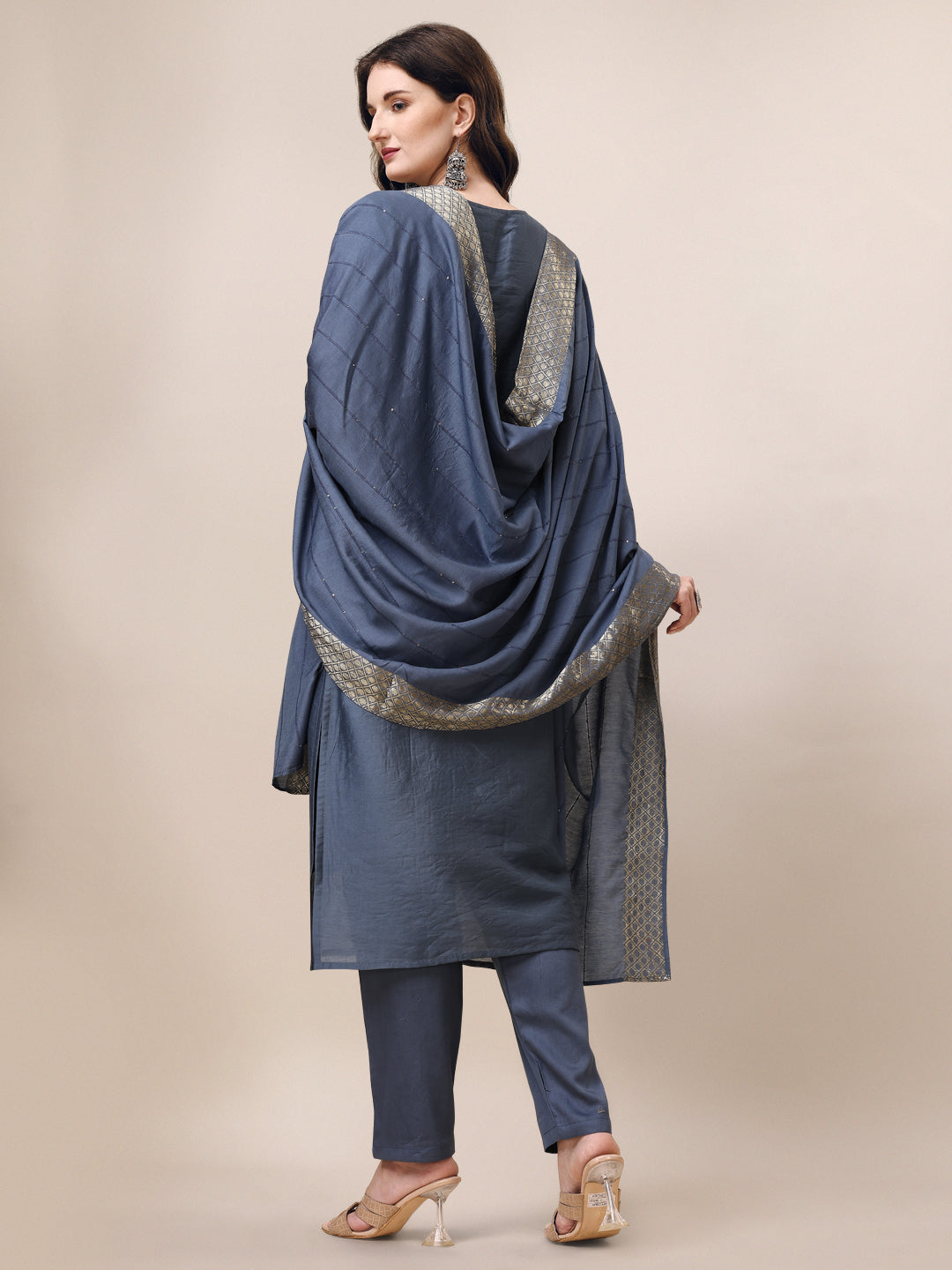 Hand Embroidered Kurta With Pant & Dupatta Set, Multicolor - Hiral Fashion