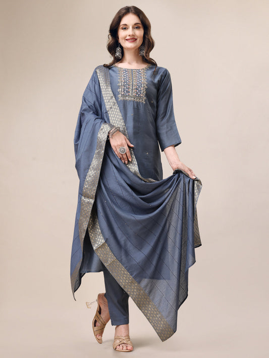 Hand Embroidered Kurta With Pant & Dupatta Set, Multicolor - Hiral Fashion