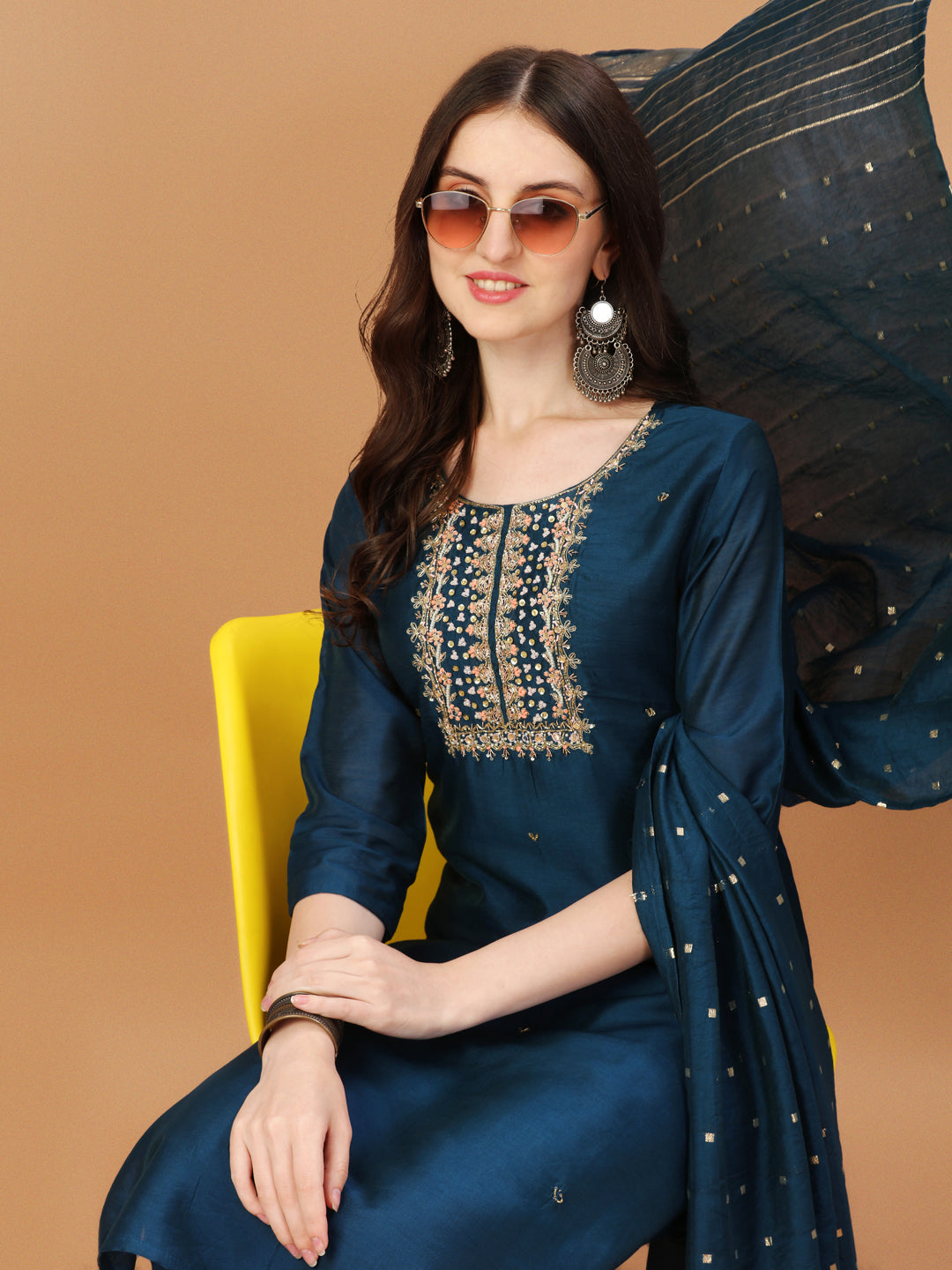 Hand Embroidered Navyblue Kurta With Pant & Dupatta, Multicolor - Hiral Fashion