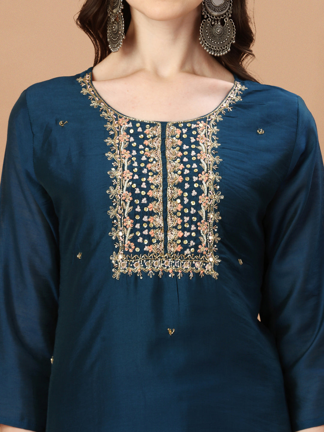 Hand Embroidered Navyblue Kurta With Pant & Dupatta, Multicolor - Hiral Fashion