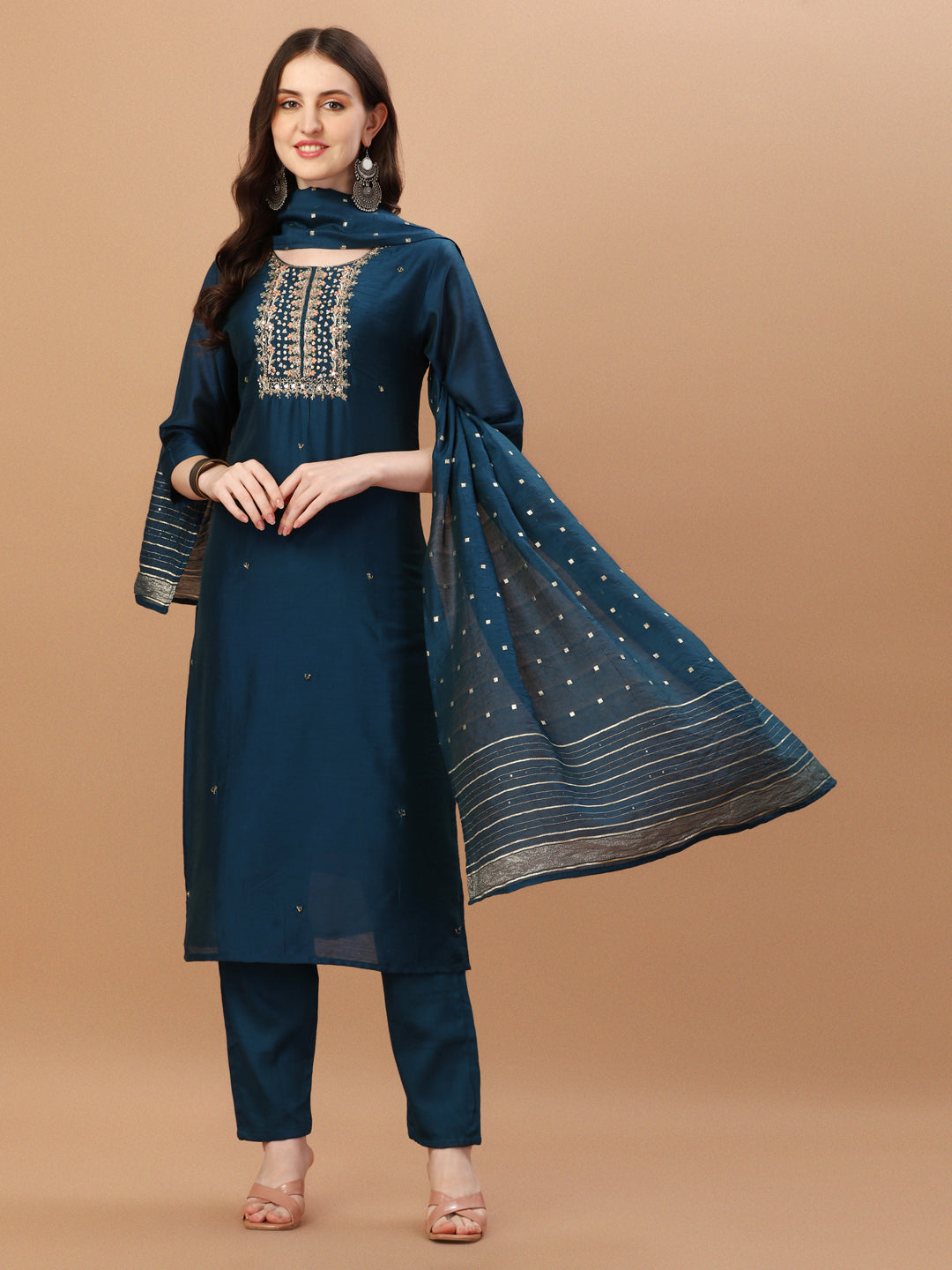 Hand Embroidered Navyblue Kurta With Pant & Dupatta, Multicolor - Hiral Fashion