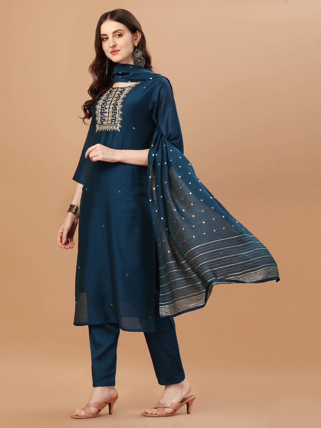 Hand Embroidered Navyblue Kurta With Pant & Dupatta, Multicolor - Hiral Fashion