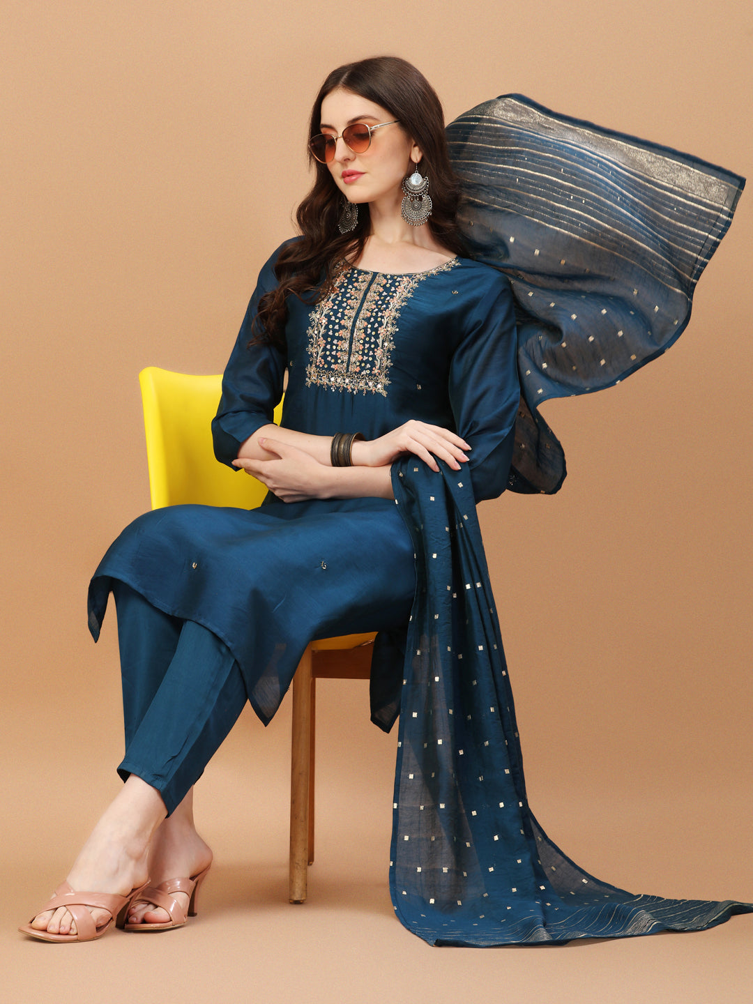 Hand Embroidered Navyblue Kurta With Pant & Dupatta, Multicolor - Hiral Fashion