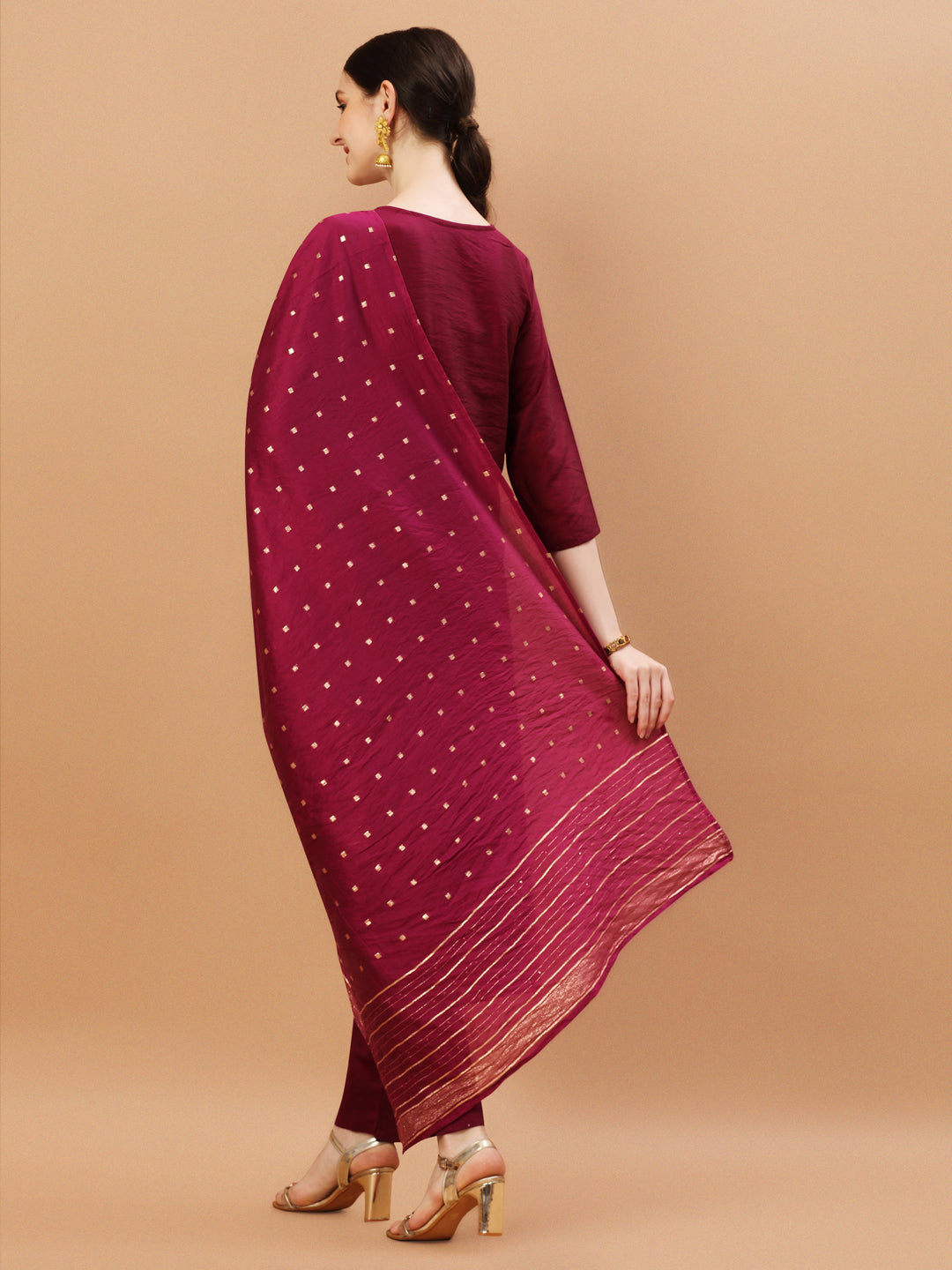 Hand Embroidered Wine Kurta With Pant & Dupatta, Multicolor - Hiral Fashion