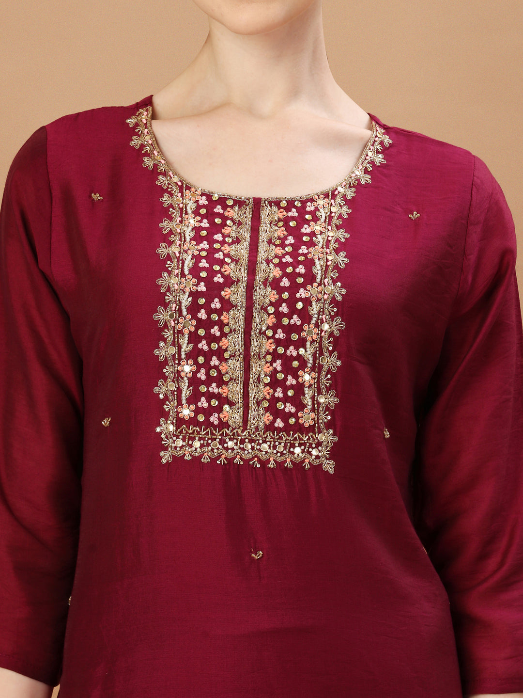 Hand Embroidered Wine Kurta With Pant & Dupatta, Multicolor - Hiral Fashion