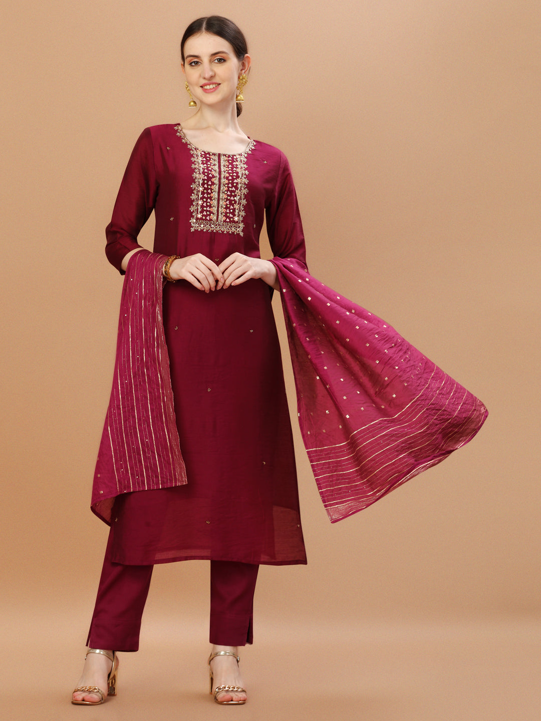 Hand Embroidered Wine Kurta With Pant & Dupatta, Multicolor - Hiral Fashion