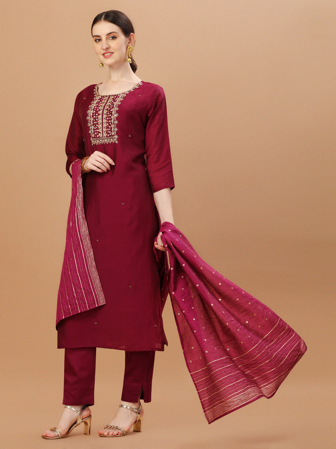 Hand Embroidered Wine Kurta With Pant & Dupatta, Multicolor - Hiral Fashion
