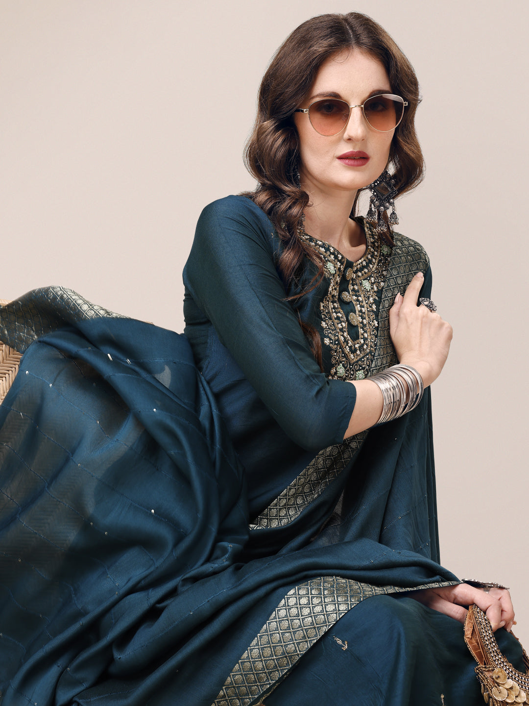 Hand Embroidered Button Embellished Kurta With Pant And Sequined Dupatta, Multicolor - Hiral Fashion