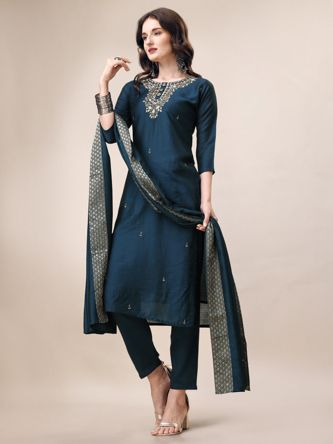 Hand Embroidered Button Embellished Kurta With Pant And Sequined Dupatta, Multicolor - Hiral Fashion
