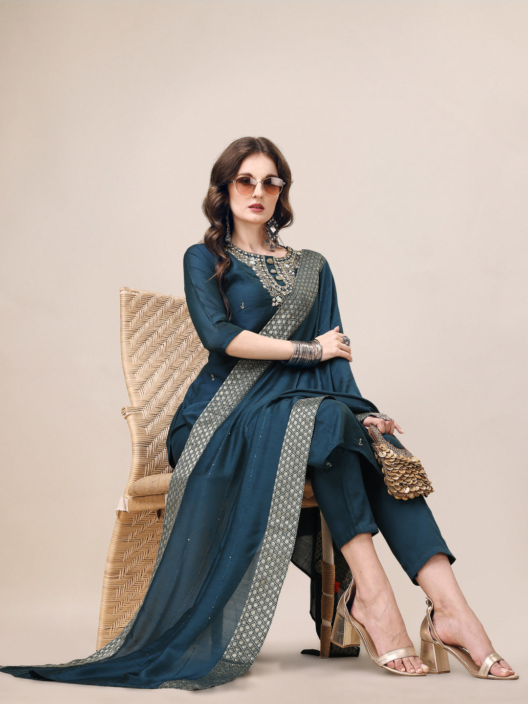Hand Embroidered Button Embellished Kurta With Pant And Sequined Dupatta, Multicolor - Hiral Fashion