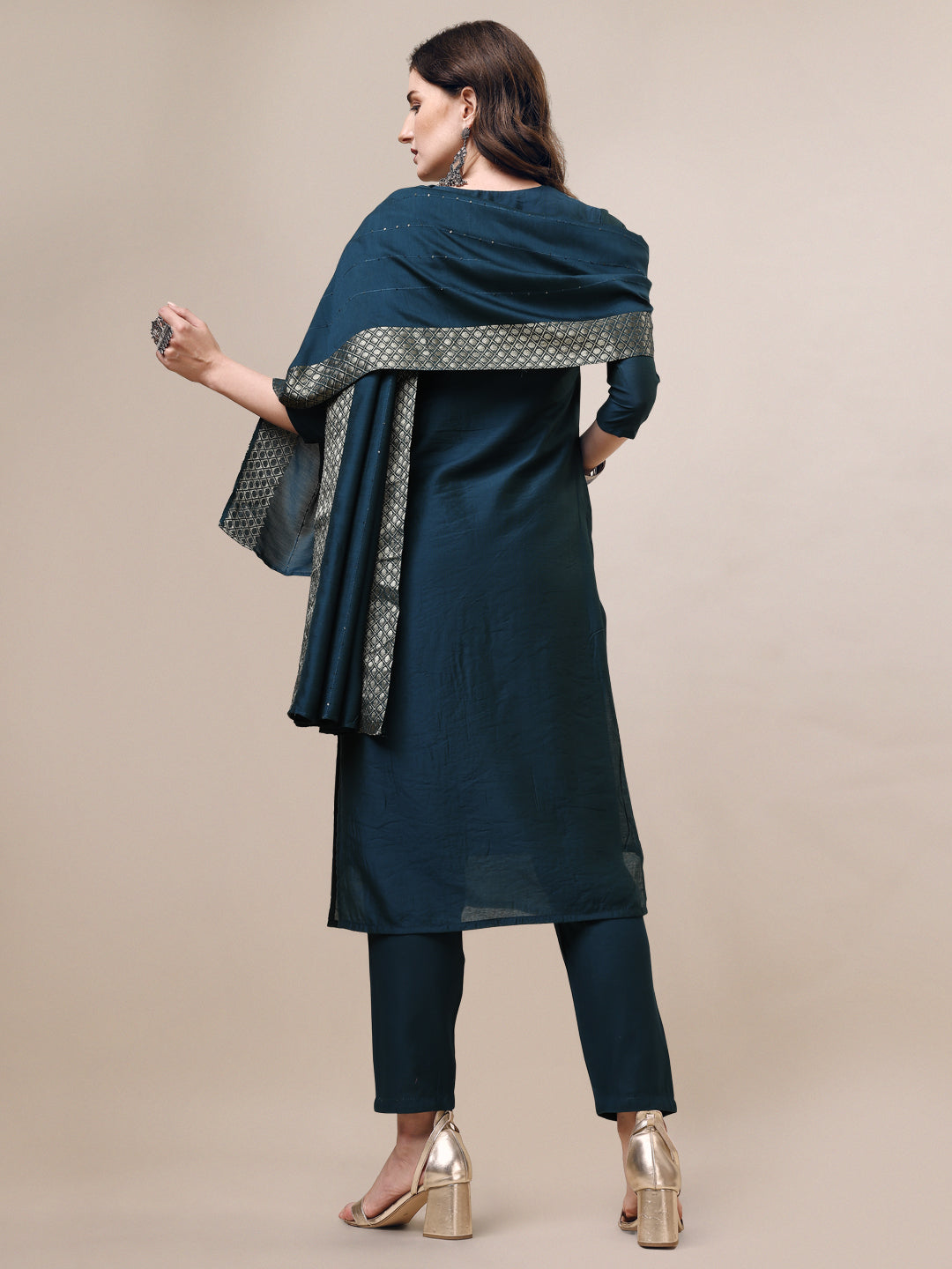 Hand Embroidered Button Embellished Kurta With Pant And Sequined Dupatta, Multicolor - Hiral Fashion