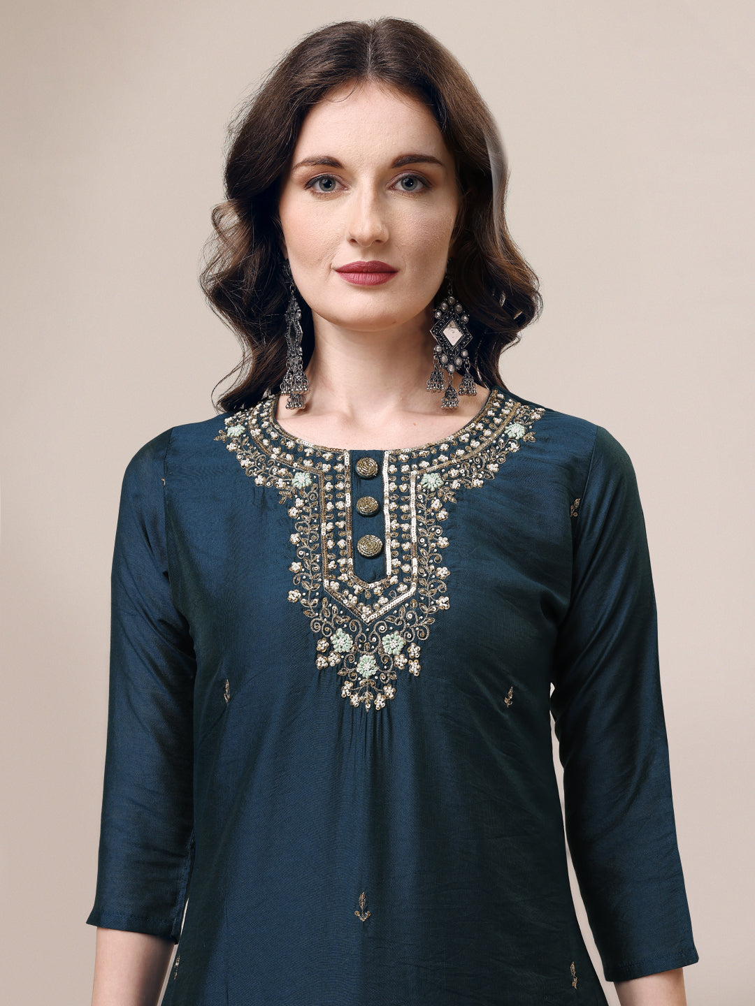 Hand Embroidered Button Embellished Kurta With Pant And Sequined Dupatta, Multicolor - Hiral Fashion