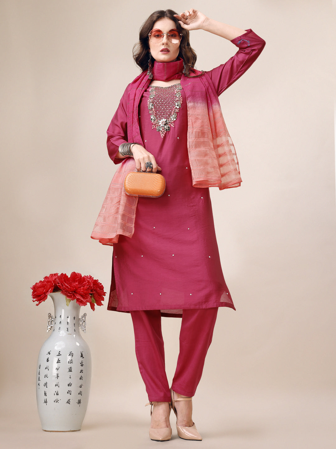 Hand Embroidered Mirror Detailed Kurta With Pant & Dupatta, Multicolor - Hiral Fashion