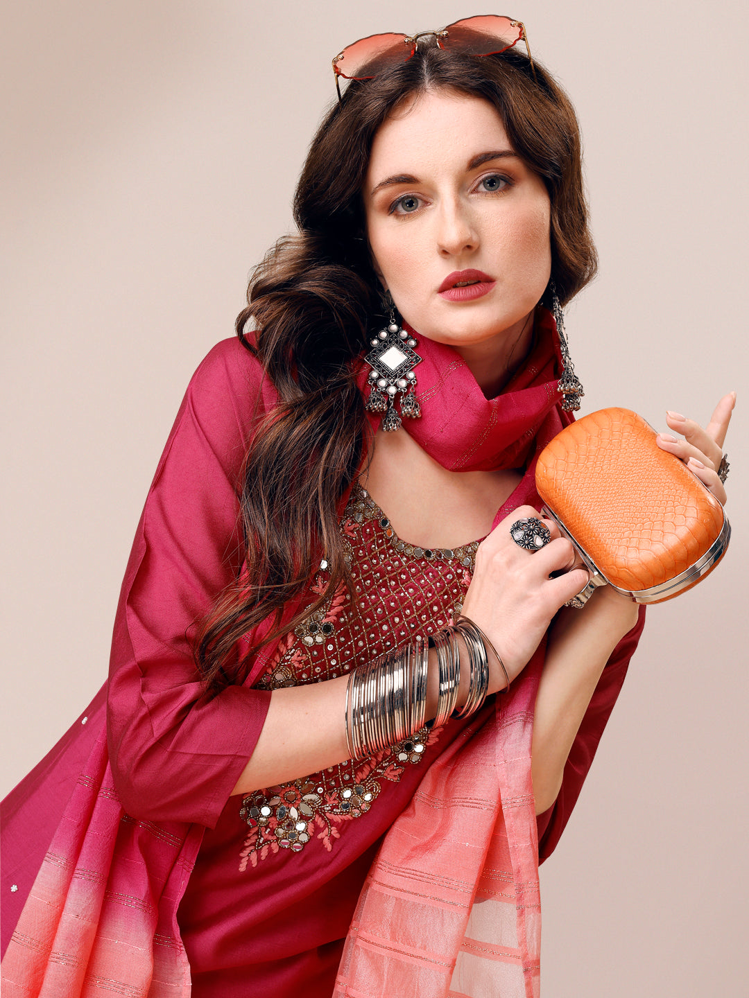 Hand Embroidered Mirror Detailed Kurta With Pant & Dupatta, Multicolor - Hiral Fashion
