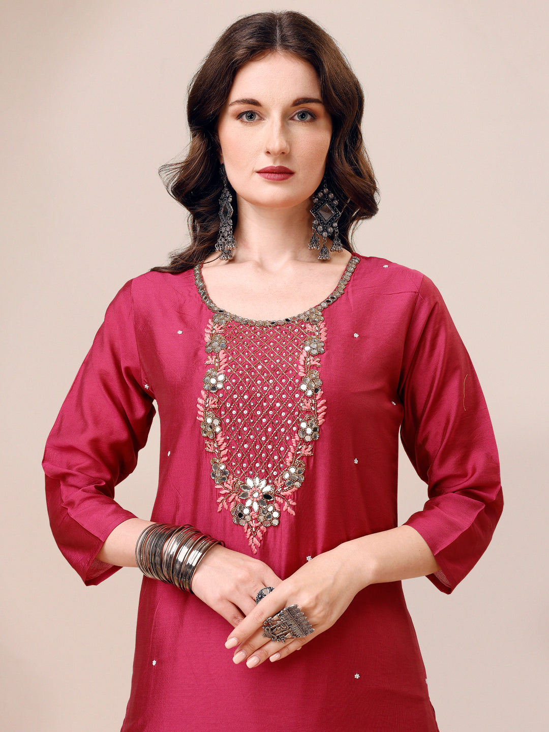 Hand Embroidered Mirror Detailed Kurta With Pant & Dupatta, Multicolor - Hiral Fashion
