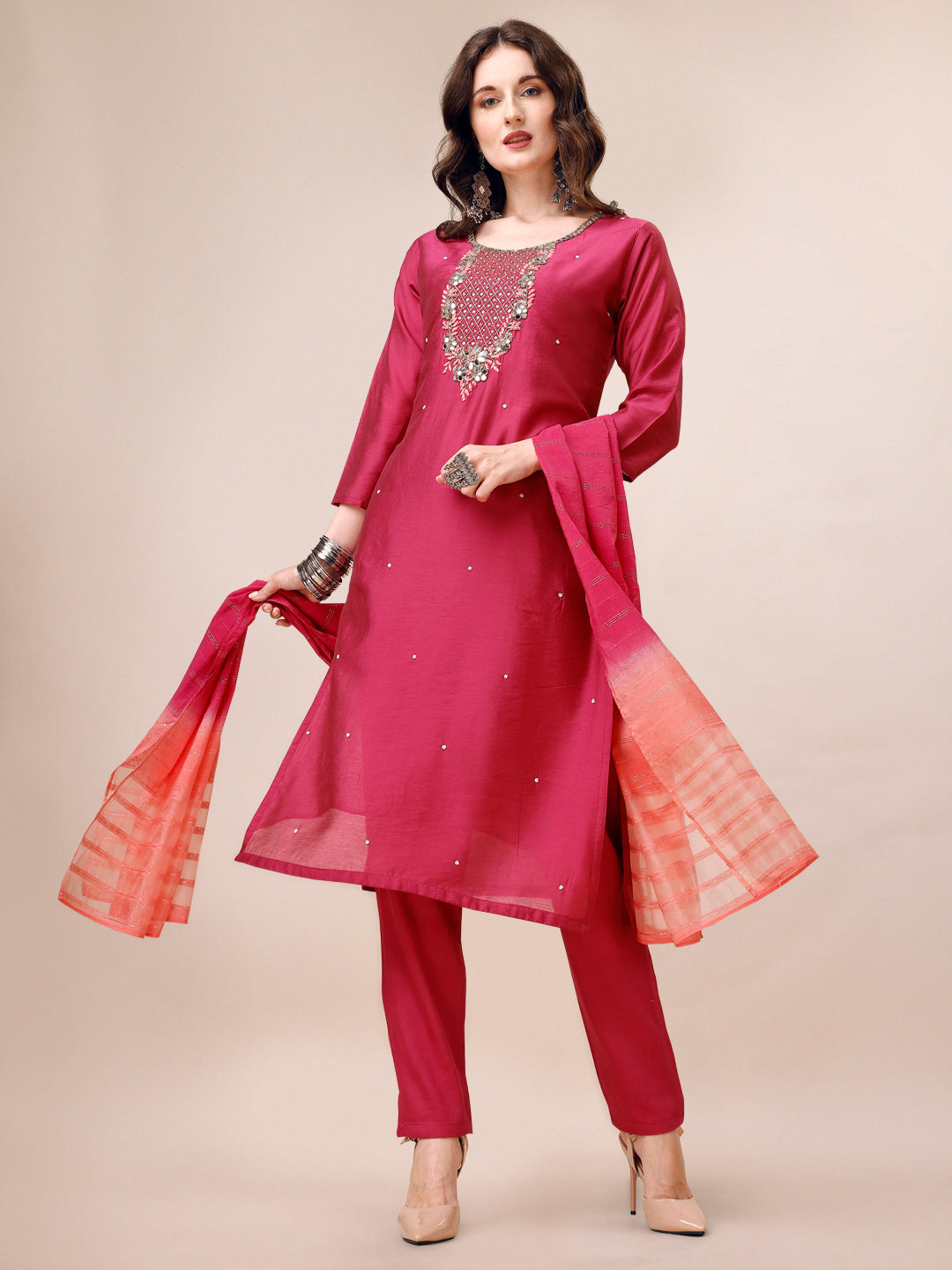 Hand Embroidered Mirror Detailed Kurta With Pant & Dupatta, Multicolor - Hiral Fashion