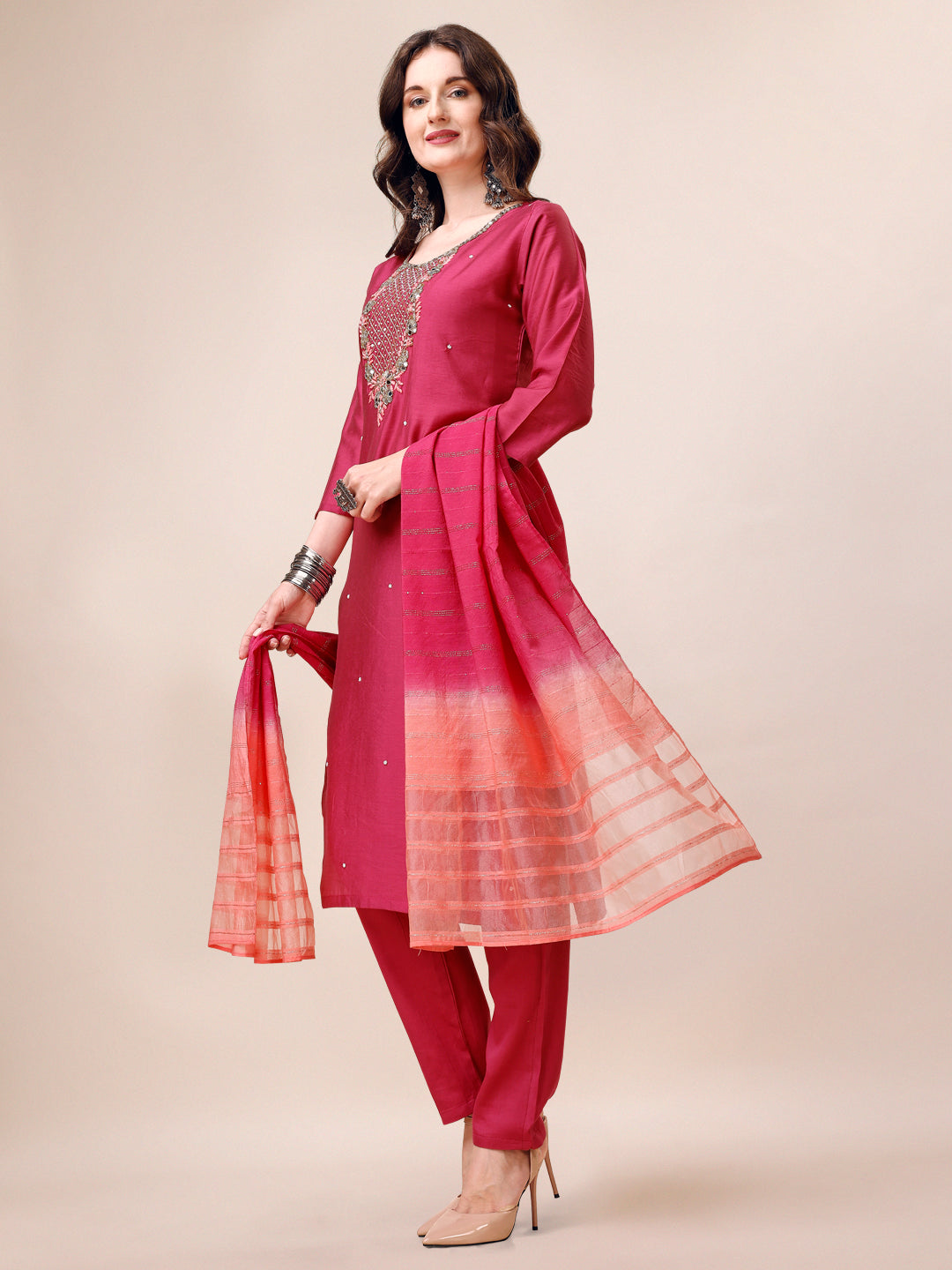 Hand Embroidered Mirror Detailed Kurta With Pant & Dupatta, Multicolor - Hiral Fashion
