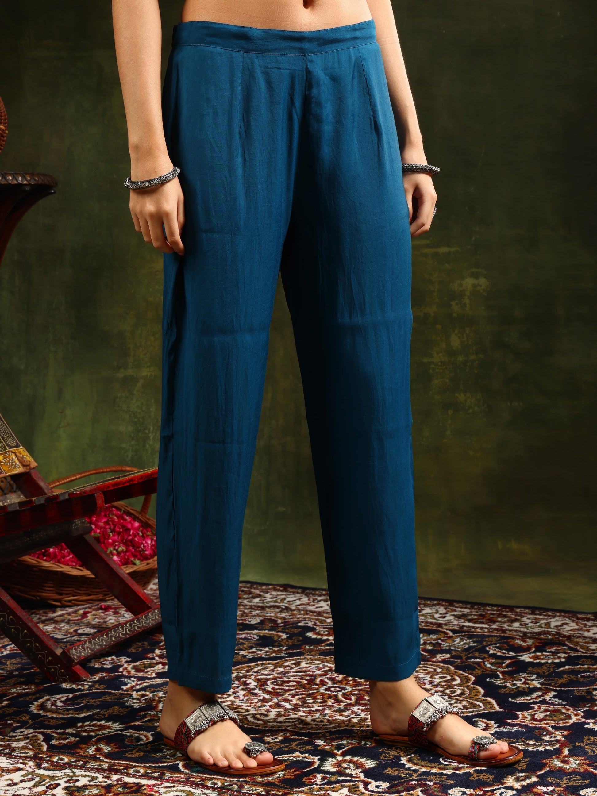 Hem & Yoke Embroidered Kurta With Pant & Lace Taping Net Dupatta, Blue - Hiral Fashion