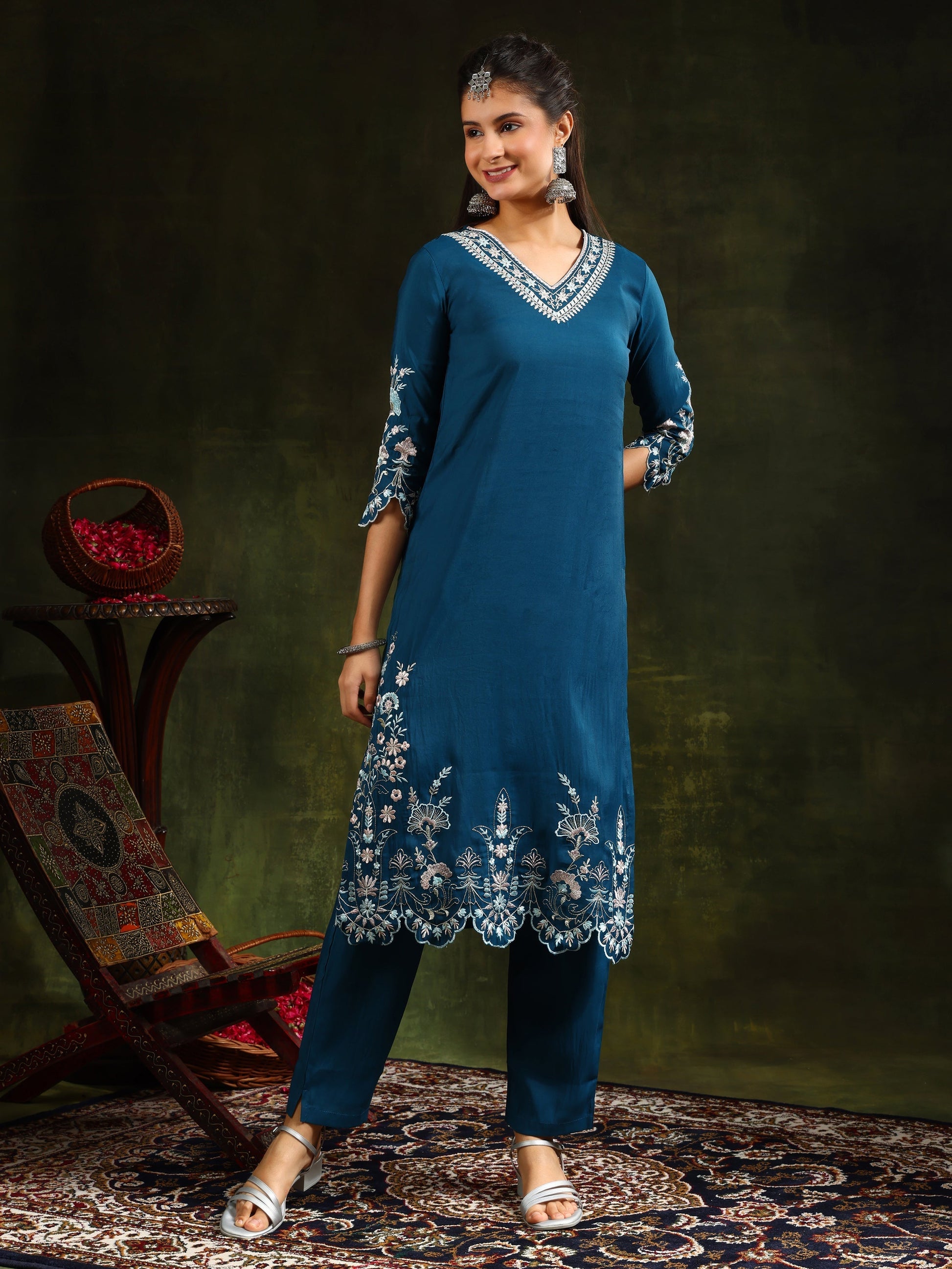 Hem & Yoke Embroidered Kurta With Pant & Lace Taping Net Dupatta, Blue - Hiral Fashion