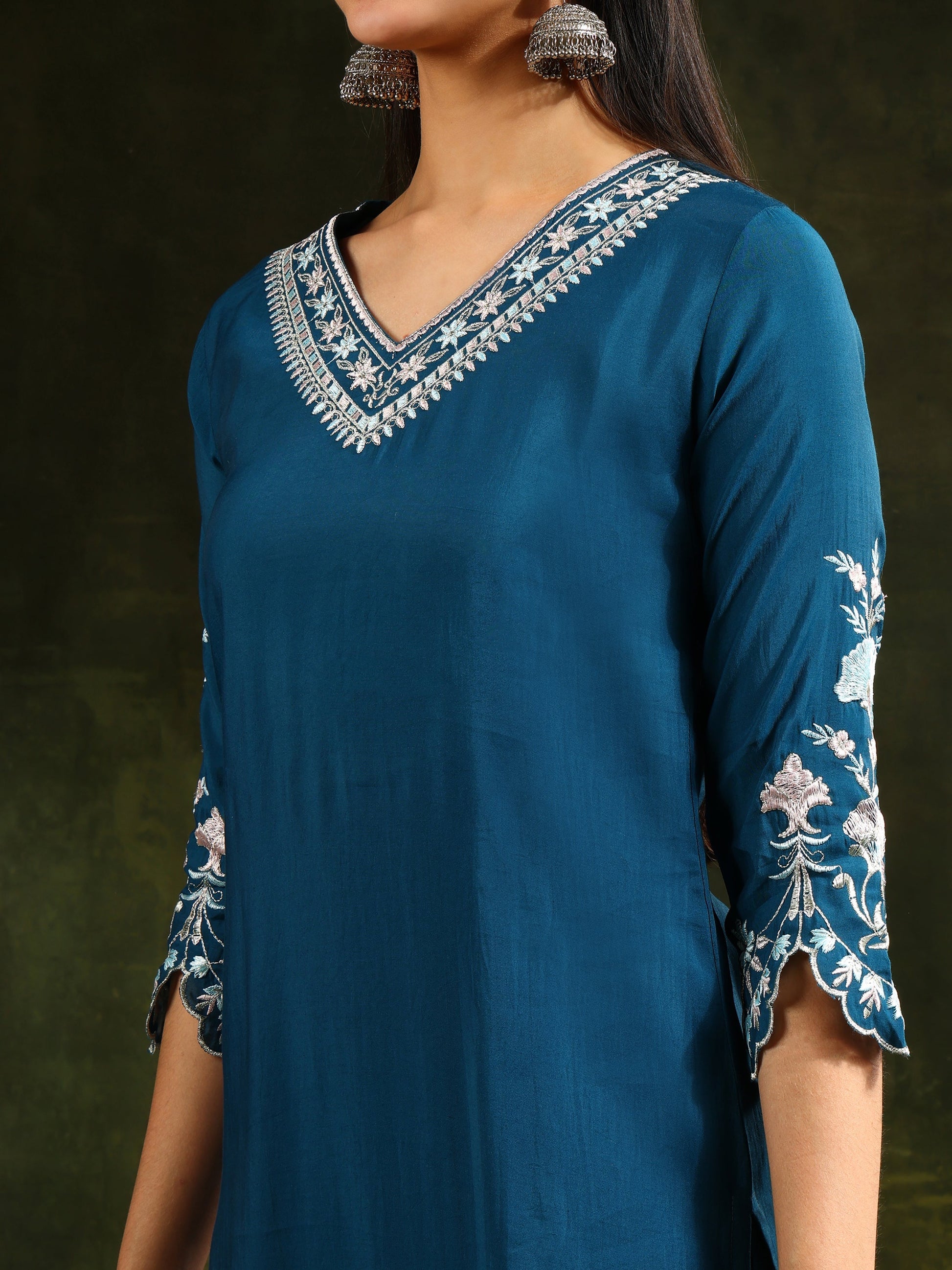Hem & Yoke Embroidered Kurta With Pant & Lace Taping Net Dupatta, Blue - Hiral Fashion