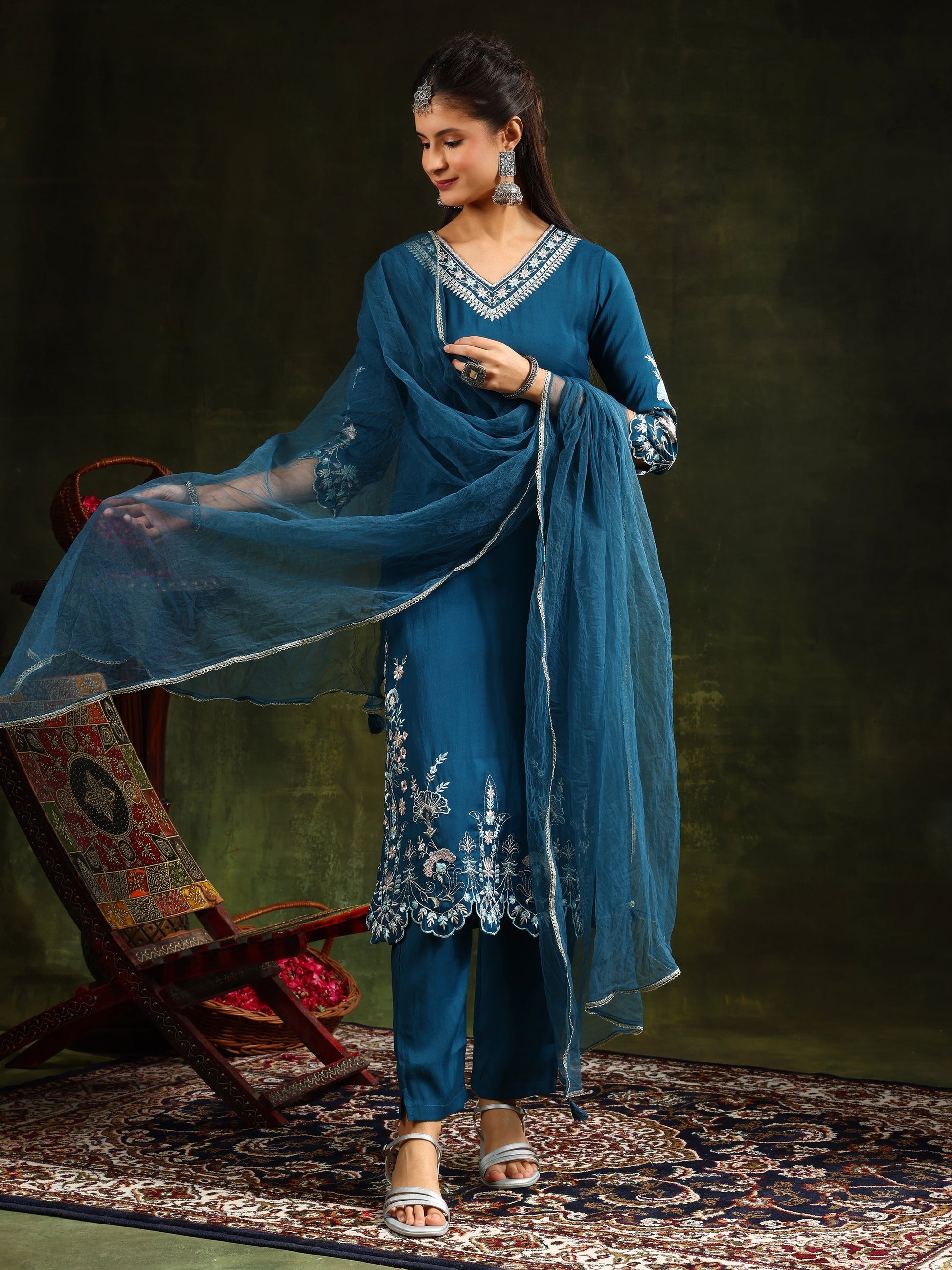 Hem & Yoke Embroidered Kurta With Pant & Lace Taping Net Dupatta, Blue - Hiral Fashion