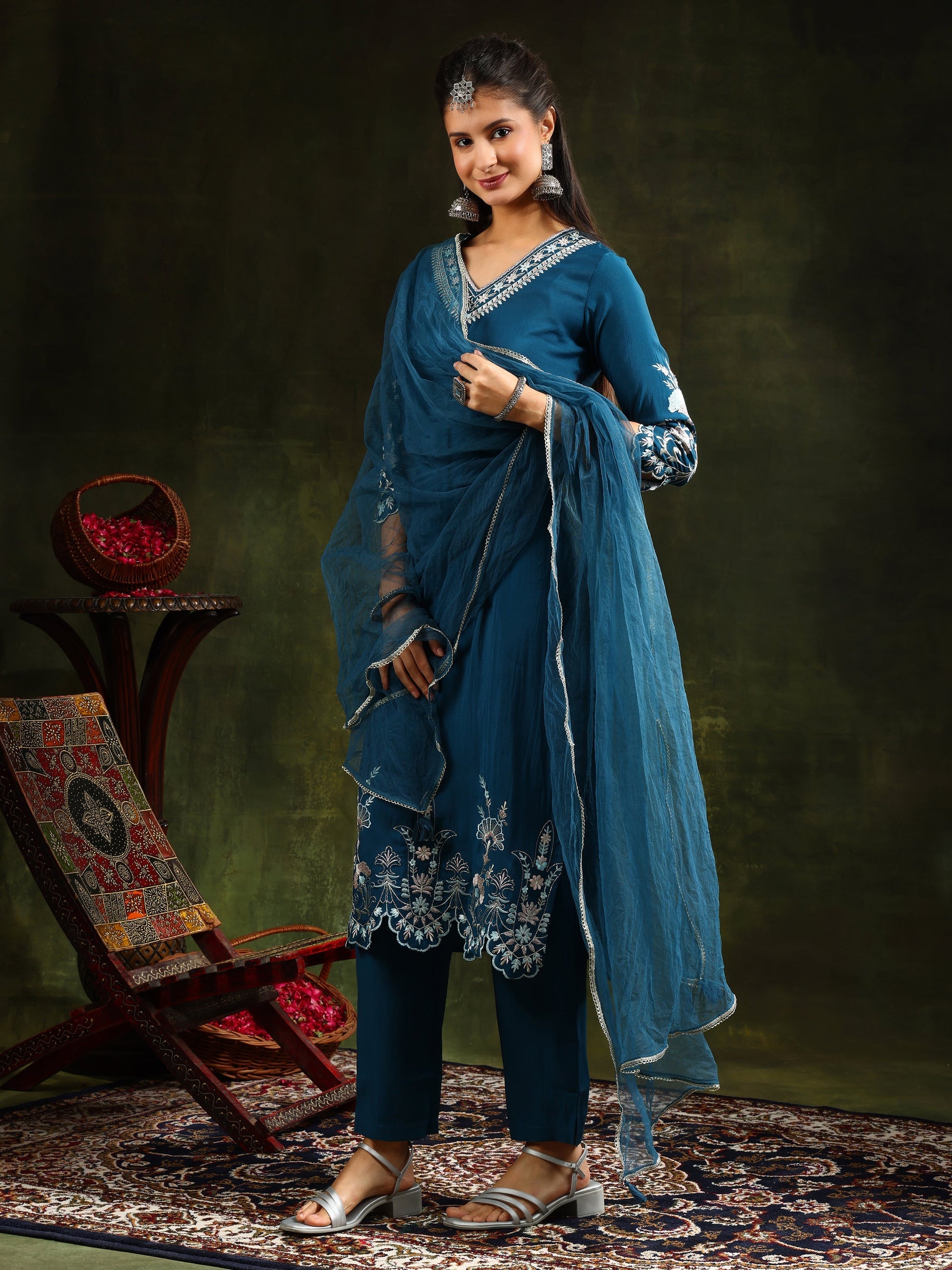 Hem & Yoke Embroidered Kurta With Pant & Lace Taping Net Dupatta, Blue - Hiral Fashion